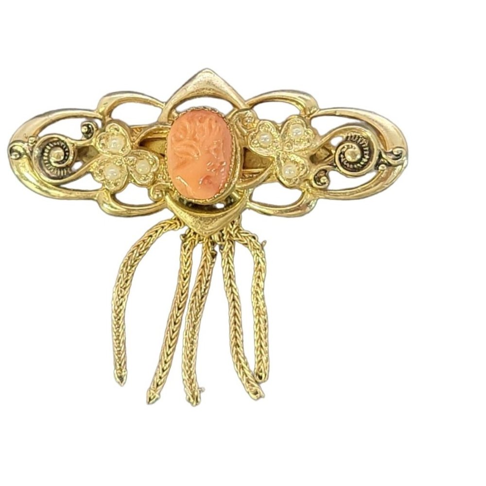 Vintage Coro Signed Gold tone Cameo Tassel Brooch Pin